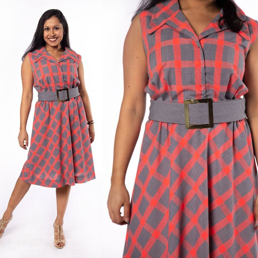1960s Checkered Plaid Red Gray Sleeveless 60s Dress Stacy Ames